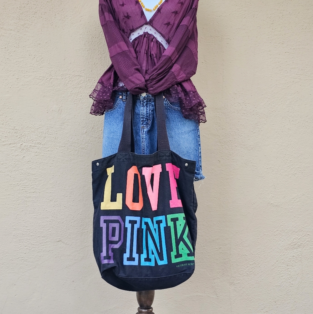 Nostalgic PINK Love Pink Black Canvas Large Tote Bag